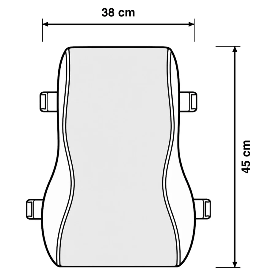 Dibujo técnico del Cojín Lumbar Ergonómico Memory Foam con medidas, vista frontal