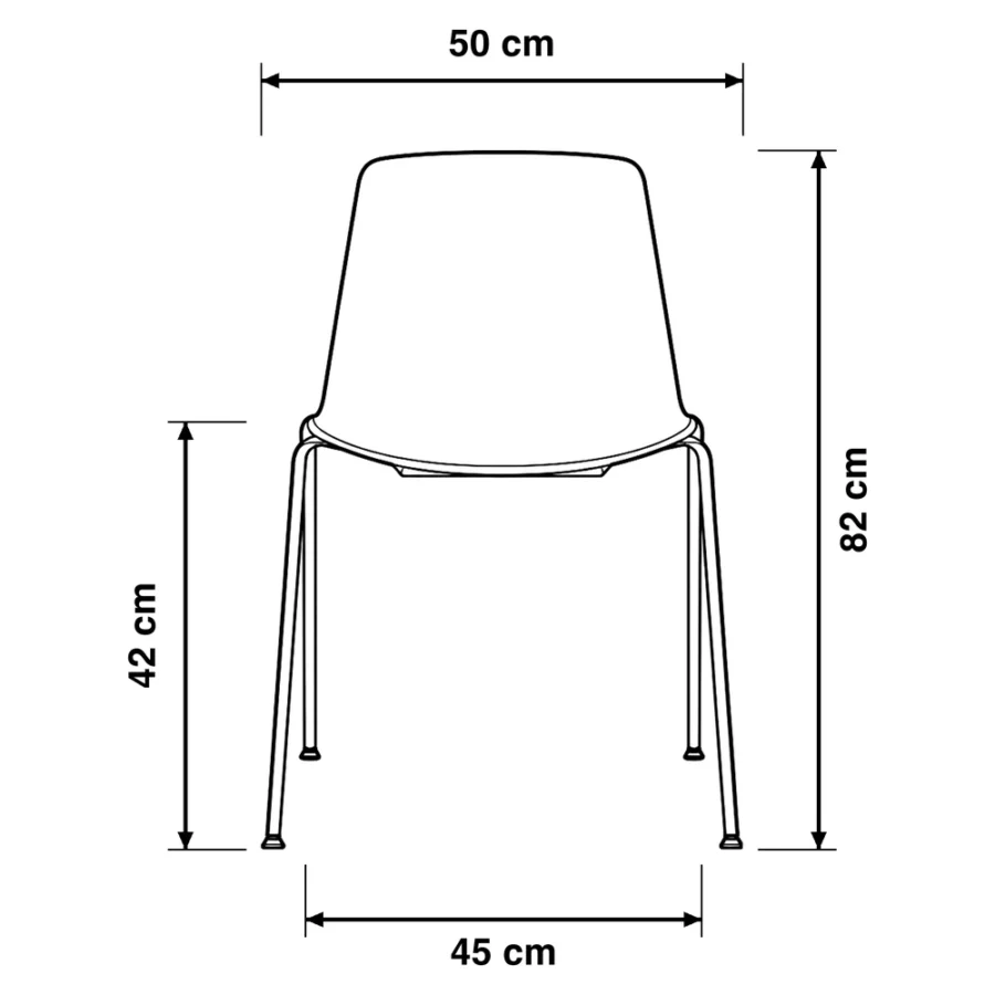 Dibujo técnico de la Silla Joga con medidas, vista frontal