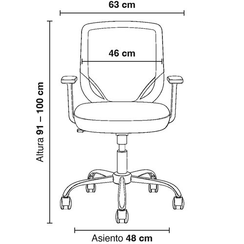 Dibujo técnico de la Silla Operativa Bend con medidas, vista frontal