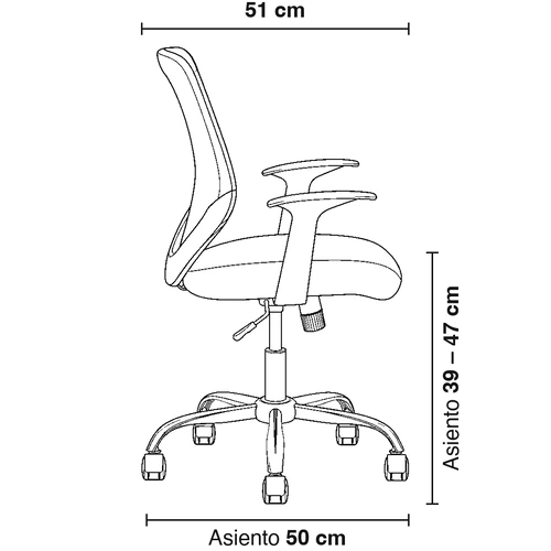 Dibujo técnico de la Silla Operativa Bend con medidas, vista lateral
