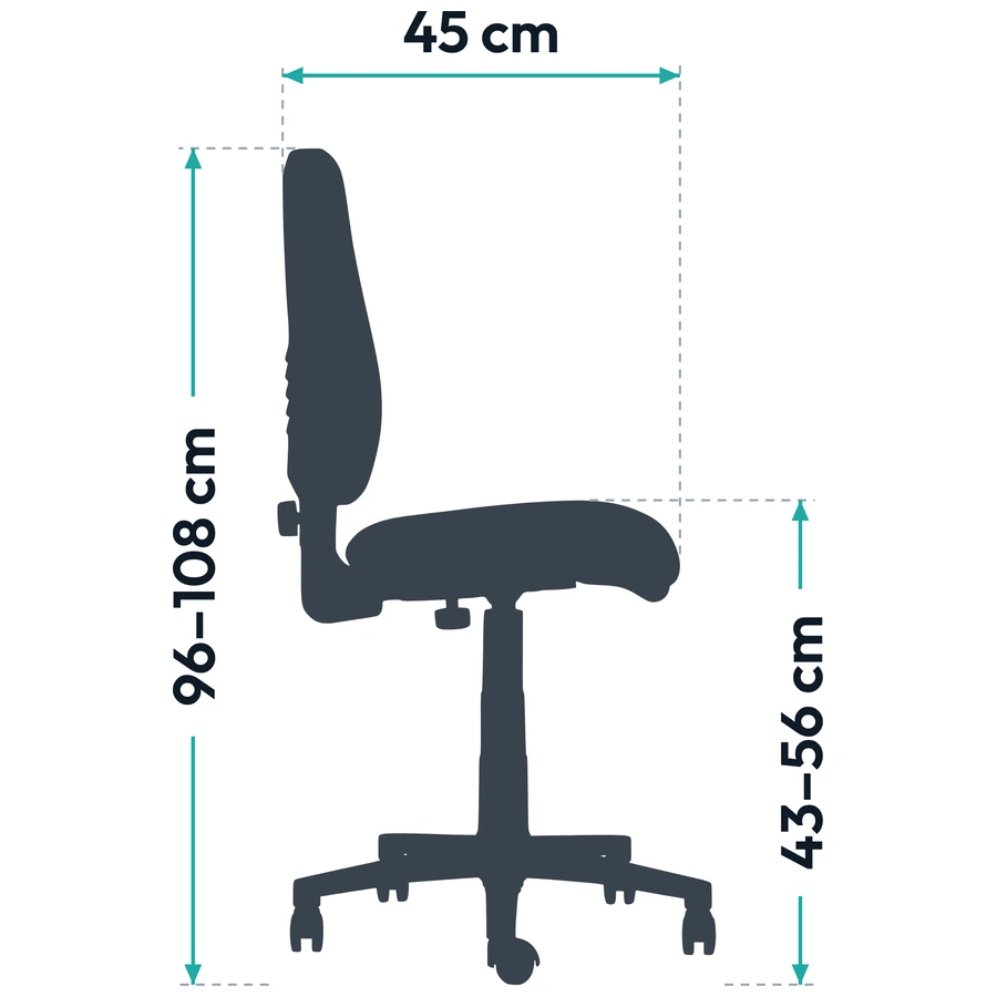 Medidas de la Silla Operativa Rudy Alta, vista lateral: profundidad 45 cm, alto total 96–108 cm y alto del asiento 43–56 cm