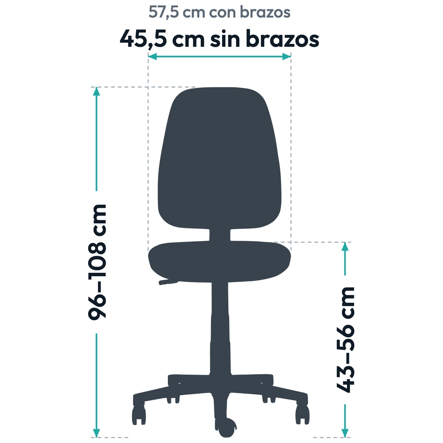 Medidas de la Silla Operativa Rudy Alta, vista frontal: ancho 45,5 cm sin brazos (57,5 cm con brazos), alto total 96–108 cm y alto del asiento 43–56 cm