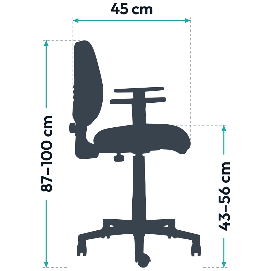 Medidas de la Silla Operativa Rudy Media, vista lateral: profundidad 45 cm, alto total 87–100 cm y alto del asiento 43–56 cm