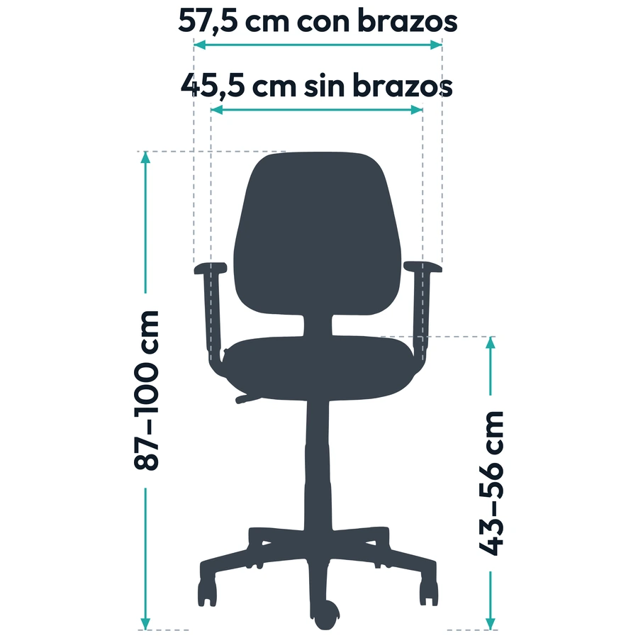 Medidas de la Silla Operativa Rudy Media, vista frontal: ancho 45,5 cm sin brazos y 57,5 cm con brazos, alto total 87–100 cm y alto del asiento 43–56 cm