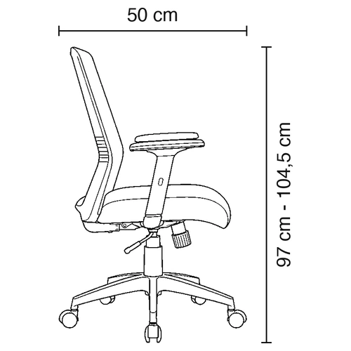 Dibujo técnico de la Silla Operativa Tossy con medidas, vista lateral