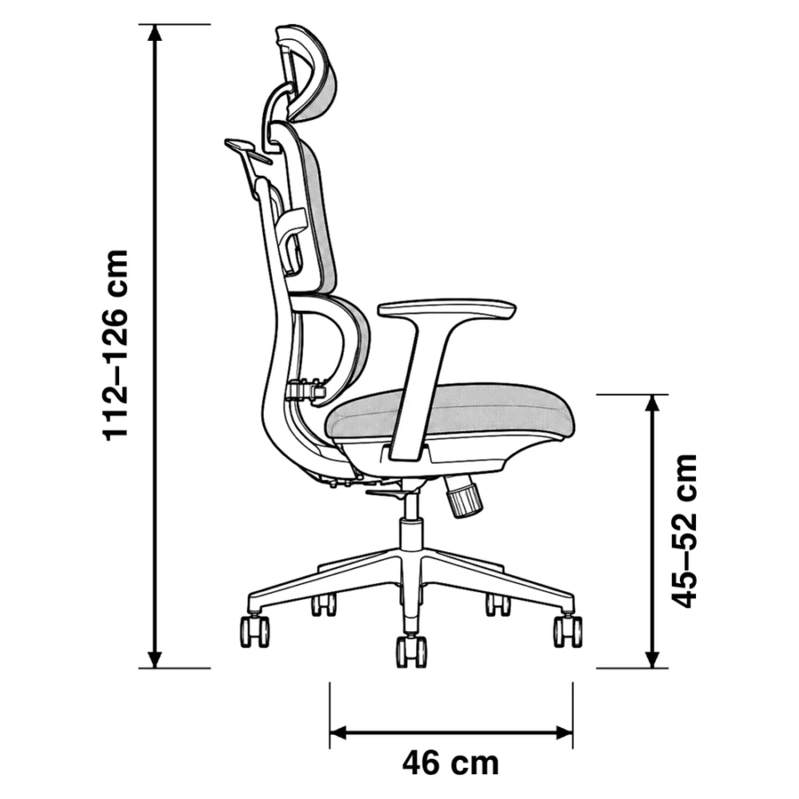 Dibujo técnico de la Silla Rimak con medidas, vista lateral