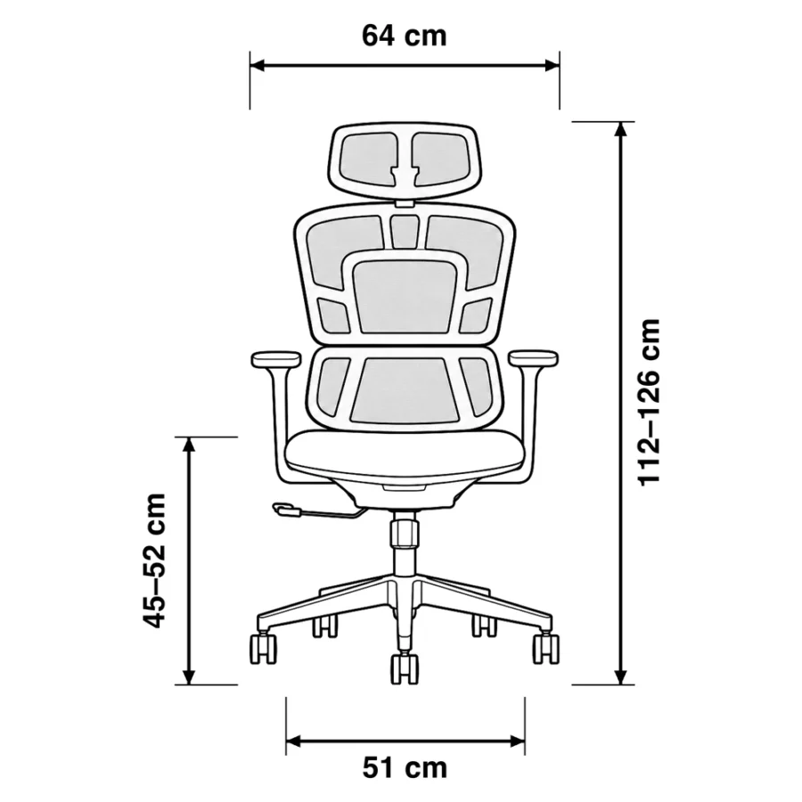 Dibujo técnico de la Silla Rimak con medidas, vista frontal