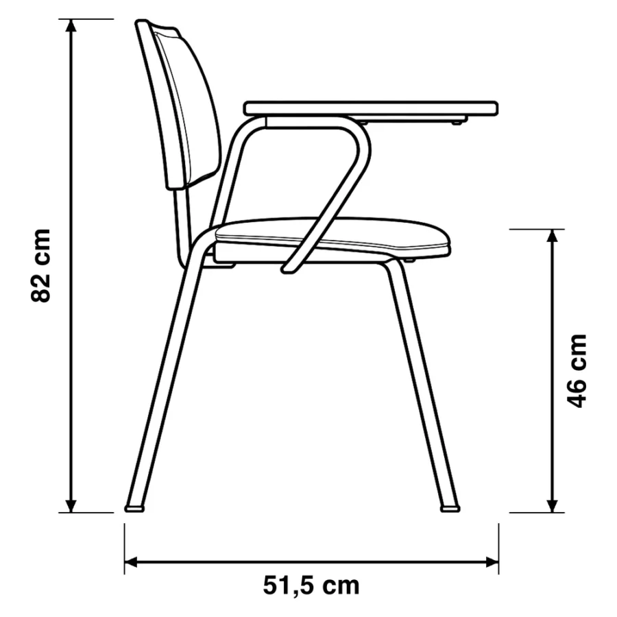 Dibujo técnico de la Silla Universitaria Spring Tapizada con medidas, vista lateral