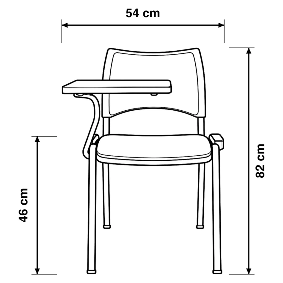 Dibujo técnico de la Silla Universitaria Spring Tapizada con medidas, vista frontal