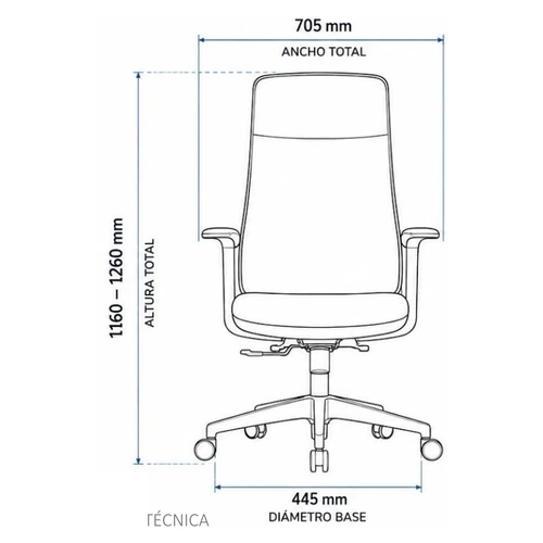 Dibujo técnico del Sillón Gerencial Ford con medidas, vista frontal